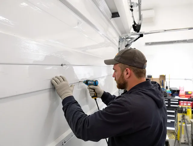 Enfield Garage Door Repair technician demonstrating precision dent removal techniques on a Enfield garage door